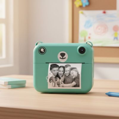 appareil photo enfant bleu sur table